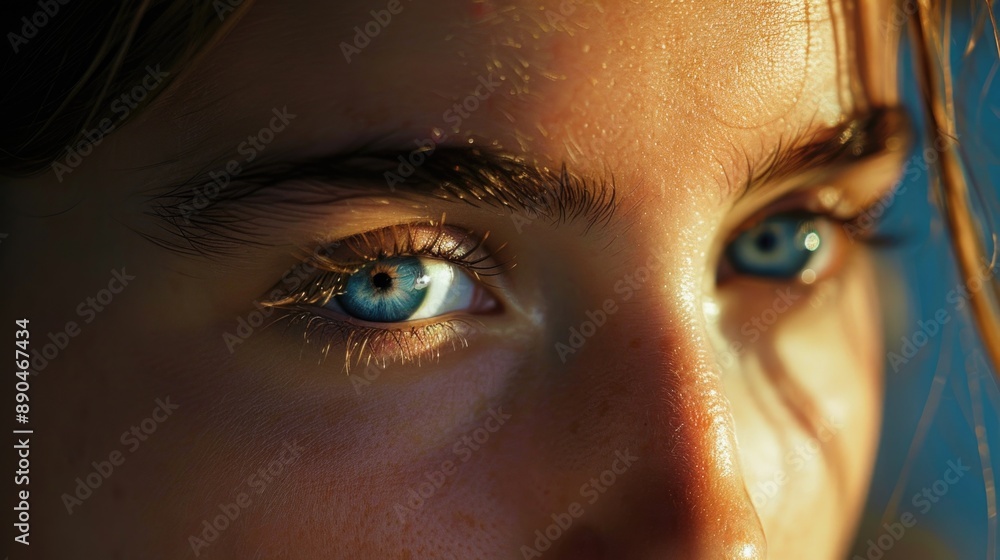 A close-up shot of a woman's eye, featuring blue eyes A close-up shot of a woman's eye, featuring blue eyes