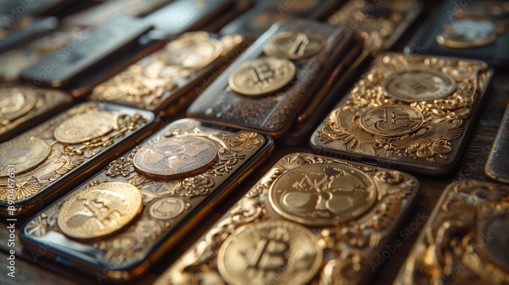 Ornate Gold Cases Displaying Coins and Symbols in a Market Setting Ornate Gold Cases Displaying Coins and Symbols in a Market Setting