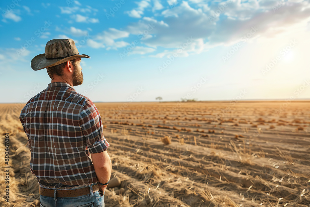 farmer looking at his dry and parched crops in a field farmer looking at his dry and parched crops in a field
