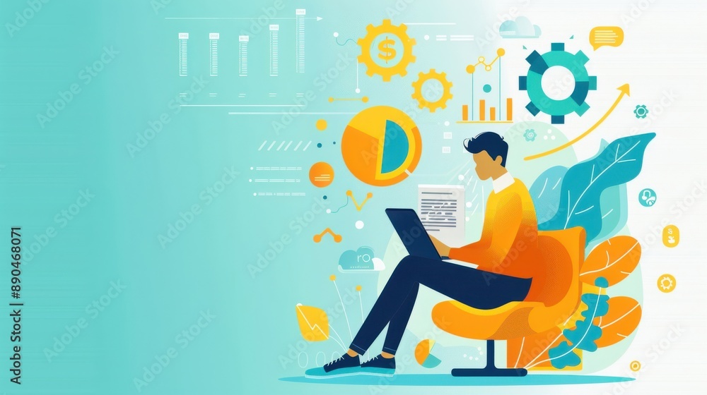 Review, Translation, Assessment, person reviewing, translating text, assessing results, flat design illustration Review, Translation, Assessment, person reviewing, translating text, assessing results, flat design illustration
