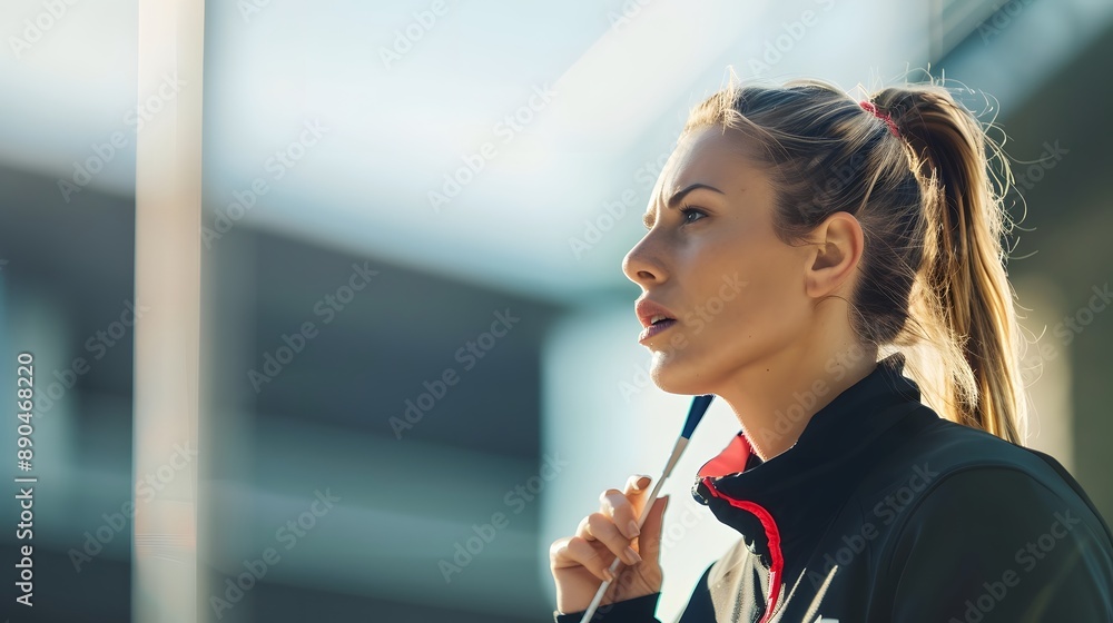 female sports coach with pony tail holding whistle on red tape around her neck. female sports coach with pony tail holding whistle on red tape around her neck.