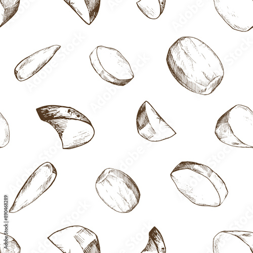 White potatoes, peeled whole tuber and slices. Graphic illustration hand drawn in brown ink. Seamless pattern EPS vector on the theme of harvest cooking, food, packaging, vegetable shop design.