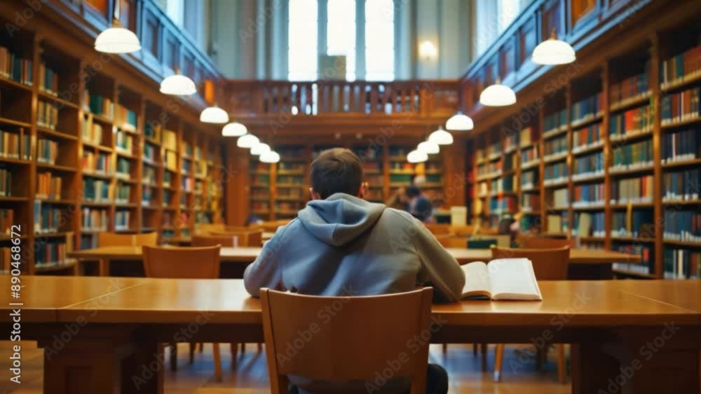 A student sits at a desk in a large library, surrounded by bookshelves and natural light coming from a window. A student sits at a desk in a large library, surrounded by bookshelves and natural light coming from a window.