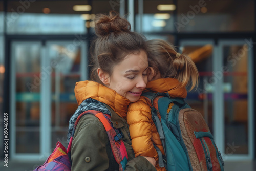 Wallpaper Mural Two young women hug each other while wearing backpacks and jackets Torontodigital.ca