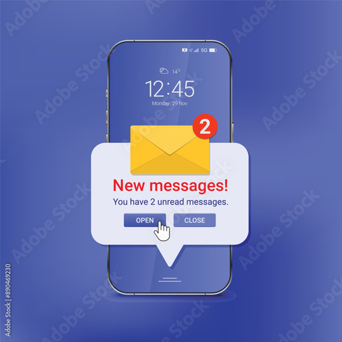 New messages notification Pop up on the Realistic smartphone screen. Unread email notification. Mobile Phone with New unread Messages and icons symbols. Vector illustration isolate on blue background