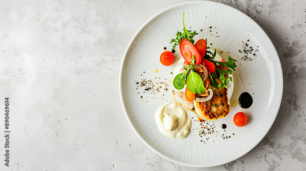 Photo of modern restaurant dish on white plate, pan-fried dishes with chicken and vegetables Photo of modern restaurant dish on white plate, pan-fried dishes with chicken and vegetables