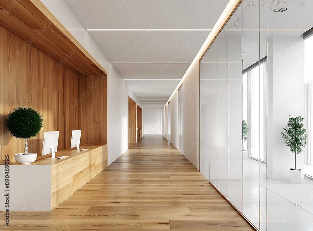 white and wood modern office interior with long corridor, minimalistic design, closeup view of the wall, no windows, front perspective, 3d rendering white and wood modern office interior with long corridor, minimalistic design, closeup view of the wall, no windows, front perspective, 3d rendering