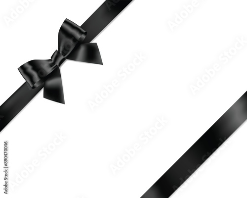 Black Ribbon Bow Realistic shiny satin with shadow place on corner of paper for decorate your funeral card , awards certificate or gift boxes vector EPS10 isolated on white Background
