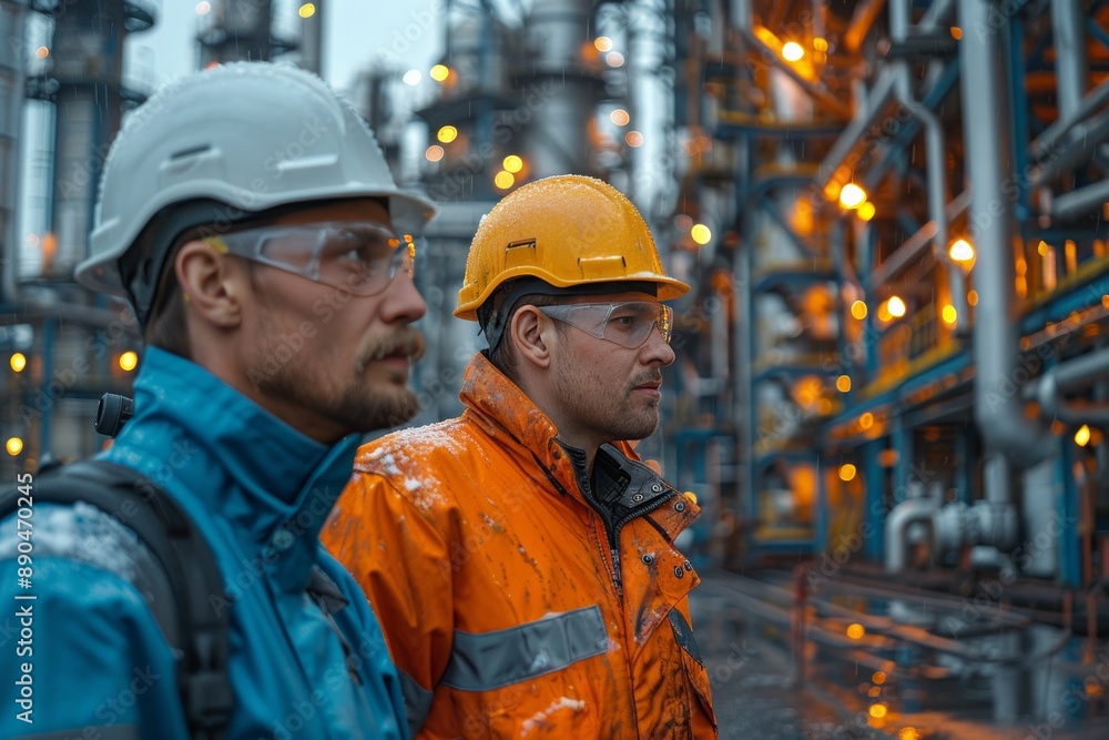 Engineers analyzing equipment and pipelines at refinery Engineers analyzing equipment and pipelines at refinery