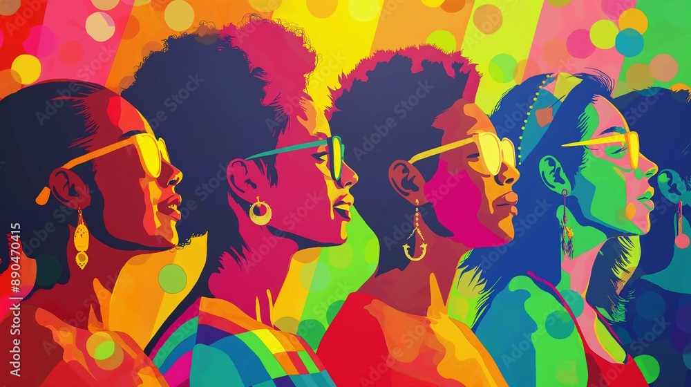 Vibrant Pop Art Illustration Featuring Diverse Women in Sunglasses and Earrings against a Bright, Colorful Background Vibrant Pop Art Illustration Featuring Diverse Women in Sunglasses and Earrings against a Bright, Colorful Background