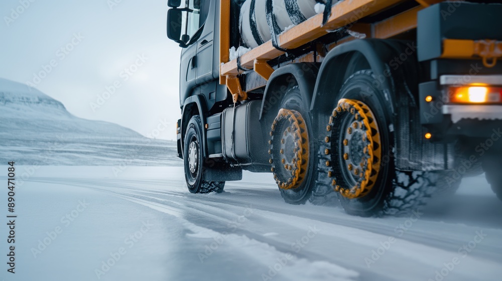 Close-up of a heavy-duty truck with snow chains driving through a snowy and icy landscape with mountains in the background. Close-up of a heavy-duty truck with snow chains driving through a snowy and icy landscape with mountains in the background.