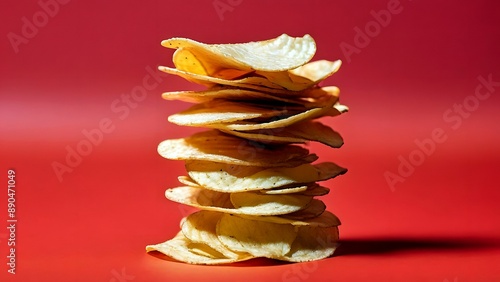 Stack of potato chips on red background, favorite snack which is unhealthy ultra-processed foods with additives and preservatives to avoid, highly industrial processed foods