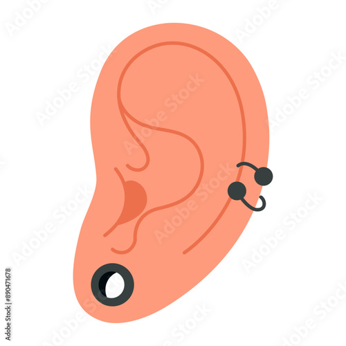 Ear tunnel and helix piercing. Hand drawn trendy flat style isolated human ear with Metal helix, tunnel earrings. Stretched piercing. Big hole in the earlobe Vector illustration