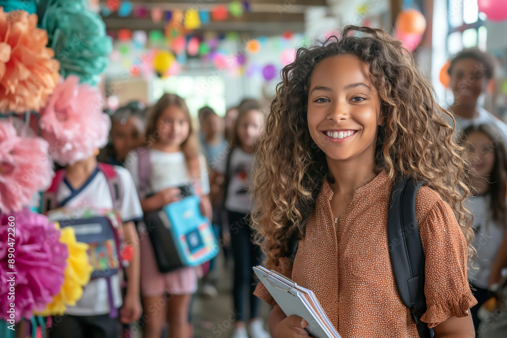 A girl with curly hair is smiling and holding a notebook A girl with curly hair is smiling and holding a notebook