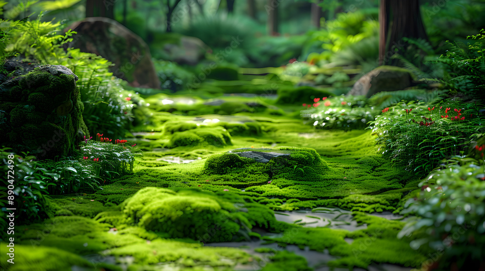 Moss Garden creating lush green carpet, eco-friendly moss cultivation. Contemplative garden space Moss Garden creating lush green carpet, eco-friendly moss cultivation. Contemplative garden space