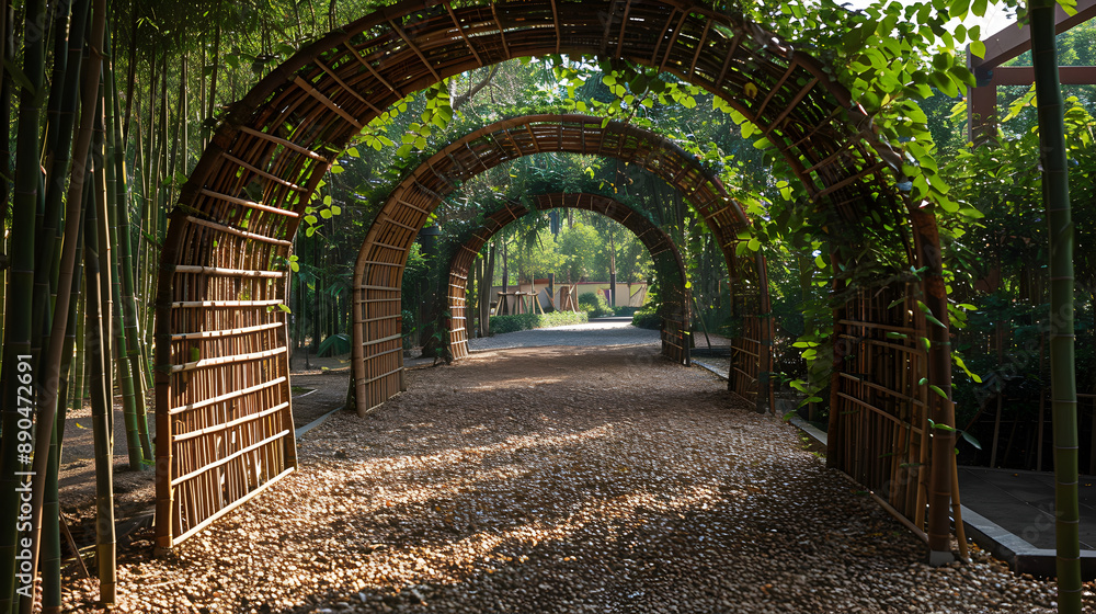 architectural bamboo garden: natural landscaping, green building material. Garden design with bamboo