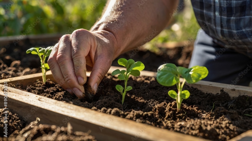 Hands Planting Seedlings in Garden Bed Hands Planting Seedlings in Garden Bed