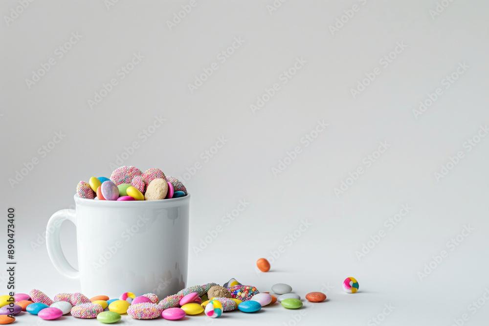 Candies spill from a white mug onto a white surface Candies spill from a white mug onto a white surface