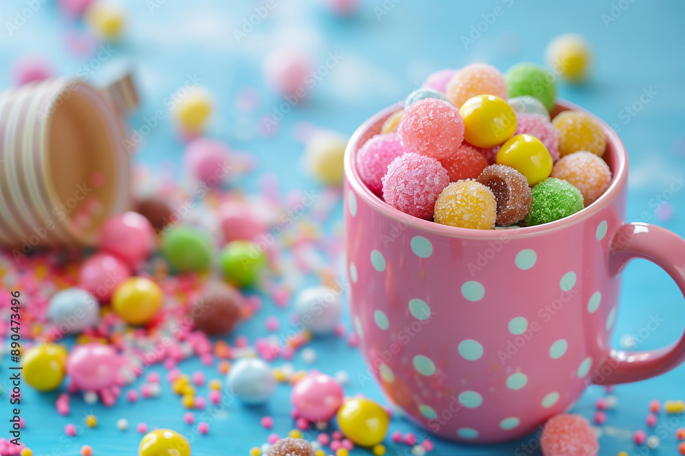 Pink polka dot mug of candy on blue background Pink polka dot mug of candy on blue background
