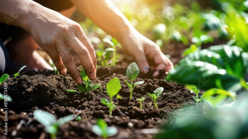 Hands Planting Young Seedlings in Garden