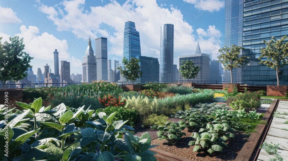 Fototapeta premium Urban Rooftop Garden with Skyline View