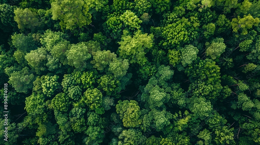 Naklejka premium Lush green forest canopy from above, showcasing the vibrant ecosystem and the importance of nature conservation. 