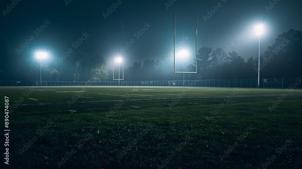 Football auf Rasen im Stadion bei Nacht mit Scheinwerfern, 3D Rendering. Football auf Rasen im Stadion bei Nacht mit Scheinwerfern, 3D Rendering.