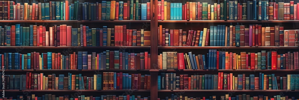 The background is large wooden bookshelves full of books on wall in the library. Knowledge archives The background is large wooden bookshelves full of books on wall in the library. Knowledge archives