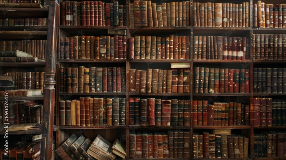 The background is large wooden bookshelves full of books on wall in the library. Knowledge archives The background is large wooden bookshelves full of books on wall in the library. Knowledge archives