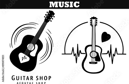 silhouette set of music guitar shop black and white logo, t-shirt, emblem 