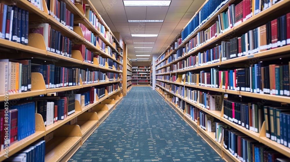 Bookshelves full of books in the library. Wooden shelves with huge pile of different books Bookshelves full of books in the library. Wooden shelves with huge pile of different books