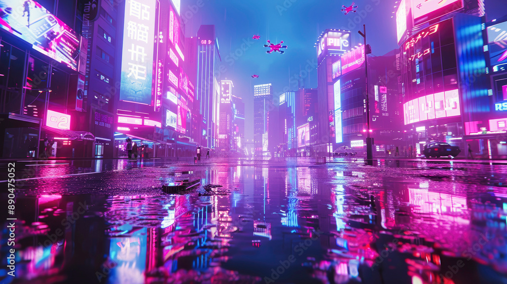 A strikingly futuristic image of a cityscape at night, illuminated by numerous neon signs and reflections, creating a vibrant and energetic urban scene.