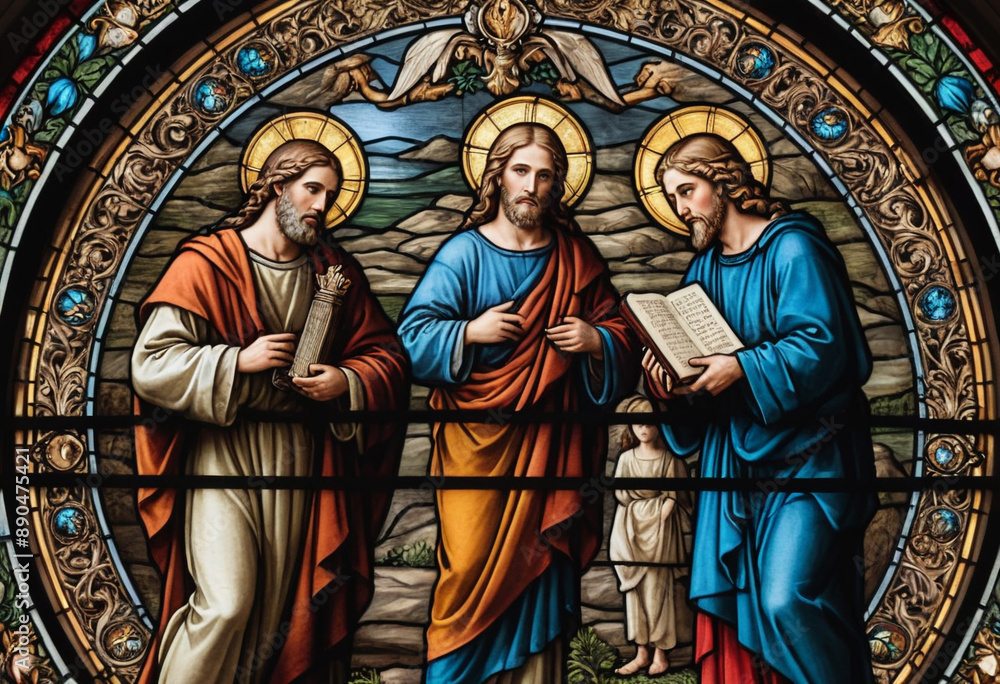 Fototapeta premium A close-up shot of a stained-glass window depicting a biblical scene. 