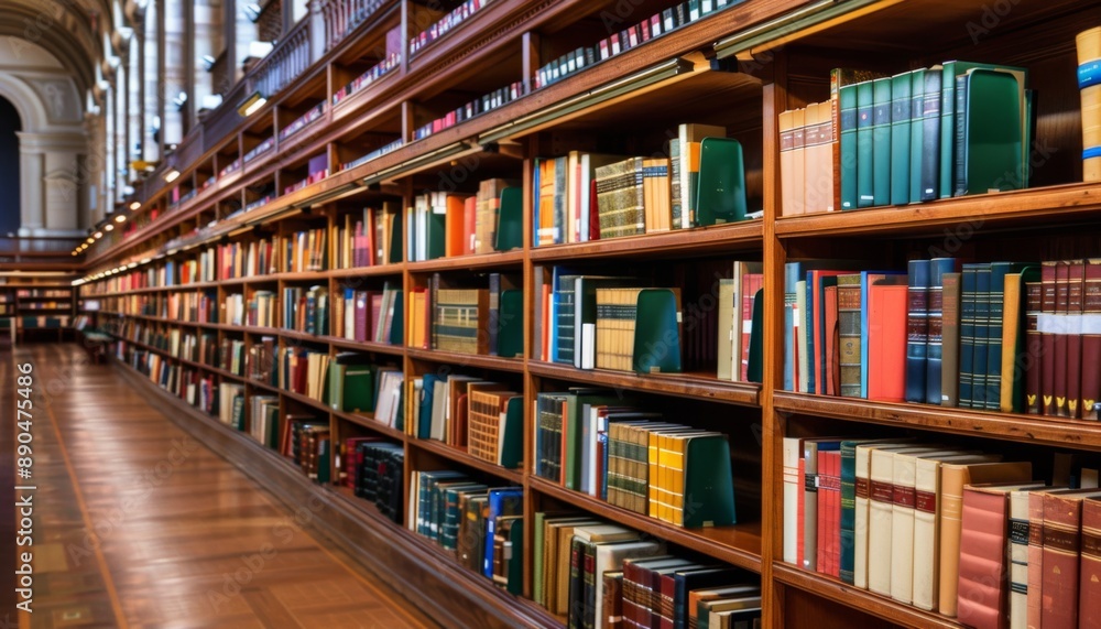 Bookshelves full of books in the library. Wooden shelves with huge pile of different books Bookshelves full of books in the library. Wooden shelves with huge pile of different books