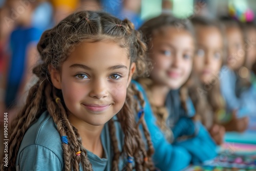 Young Girl With Braided Hair Smiles During Class Activity