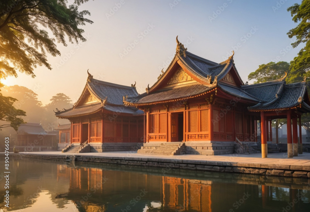 A peaceful temple bathed in the soft glow of morning light. A peaceful temple bathed in the soft glow of morning light.