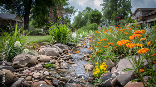 Fototapeta Naklejka Na Ścianę i Meble -  Rain garden that captures and filters runoff water. Eco-friendly garden design, stormwater filtration and water management