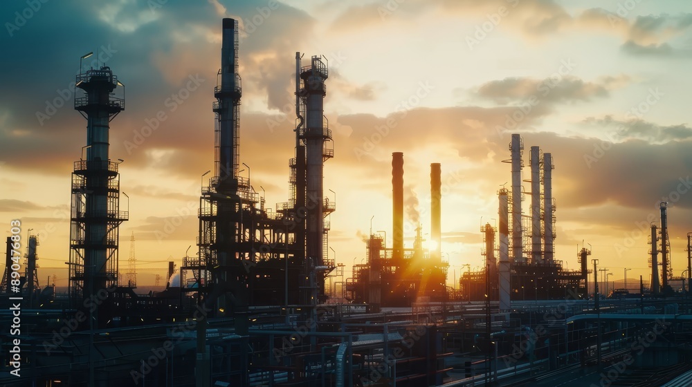 custom made wallpaper toronto digitalOil refinery and petrochemical plant with towering columns against a sunrise backdrop, casting an ethereal glow in the industrial landscape. 
