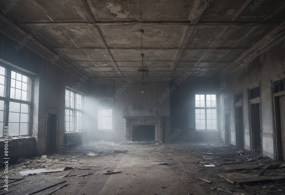  An abandoned building shrouded in mist, creating an eerie atmosphere. 