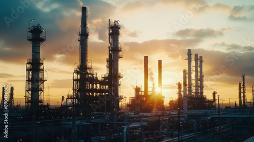 Wallpaper Mural Oil refinery and petrochemical plant with towering columns against a sunrise backdrop, casting an ethereal glow in the industrial landscape.  Torontodigital.ca