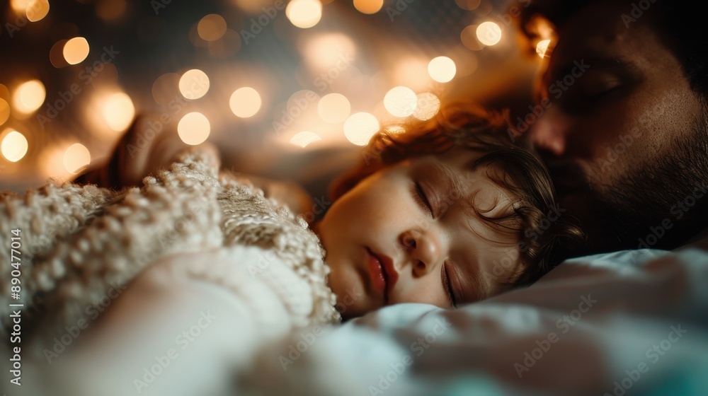 A peaceful image of a child sleeping soundly, wrapped in a cozy knitted blanket, with warm, glowing lights in the background adding to the serene atmosphere. A peaceful image of a child sleeping soundly, wrapped in a cozy knitted blanket, with warm, glowing lights in the background adding to the serene atmosphere.