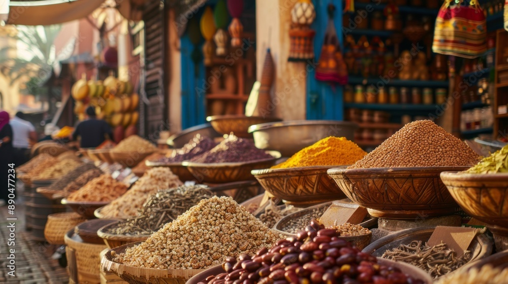 A variety of spices are displayed in bowls and baskets on a market stand A variety of spices are displayed in bowls and baskets on a market stand