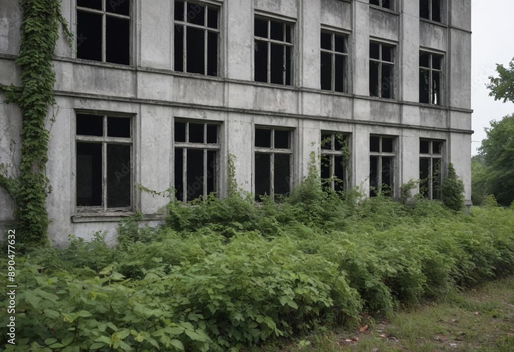 Fototapeta premium A spooky abandoned building with broken windows and overgrown vegetation.