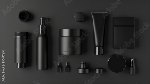 Premium cosmetic packaging designs for various products including creams, foams, gels, lotions, pomades, and shampoos, showcased in a stylish black color theme.  photo