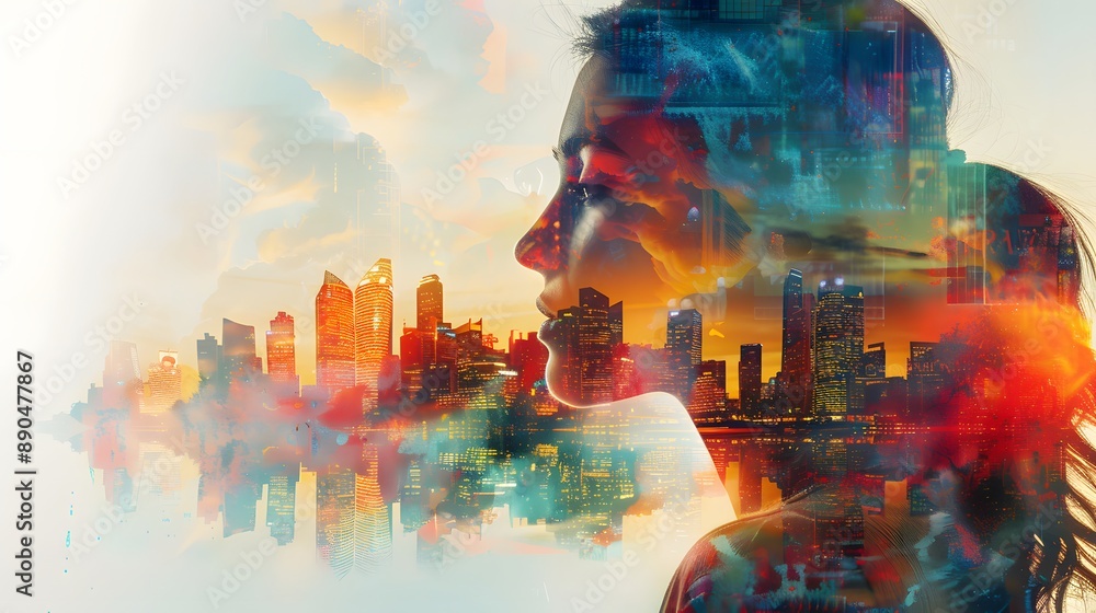 Fototapeta premium Woman and Cityscape Double Exposure