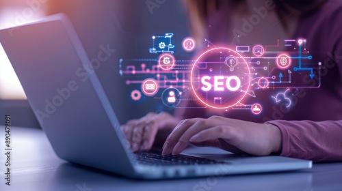 Person typing on a laptop with SEO concept graphic overlay, representing digital marketing and search engine optimization strategies.