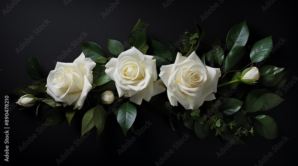 Elegant arrangement of white roses and greenery on a black background. Elegant arrangement of white roses and greenery on a black background.