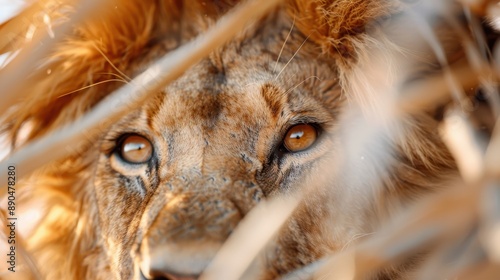 A high definition close-up shot focusing on the lion's mesmerizing and intense eyes, providing a profound glimpse into the inner world of this powerful predator. photo