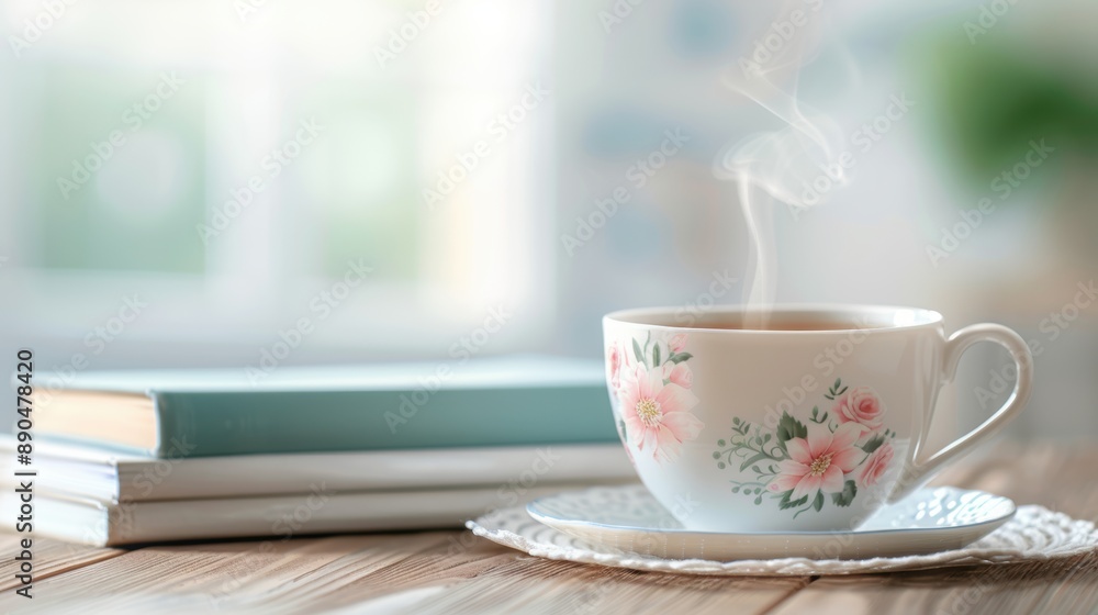 A steaming cup of tea in a floral teacup sits on a saucer next to a stack of books on a wooden table in a cozy setting. A steaming cup of tea in a floral teacup sits on a saucer next to a stack of books on a wooden table in a cozy setting.
