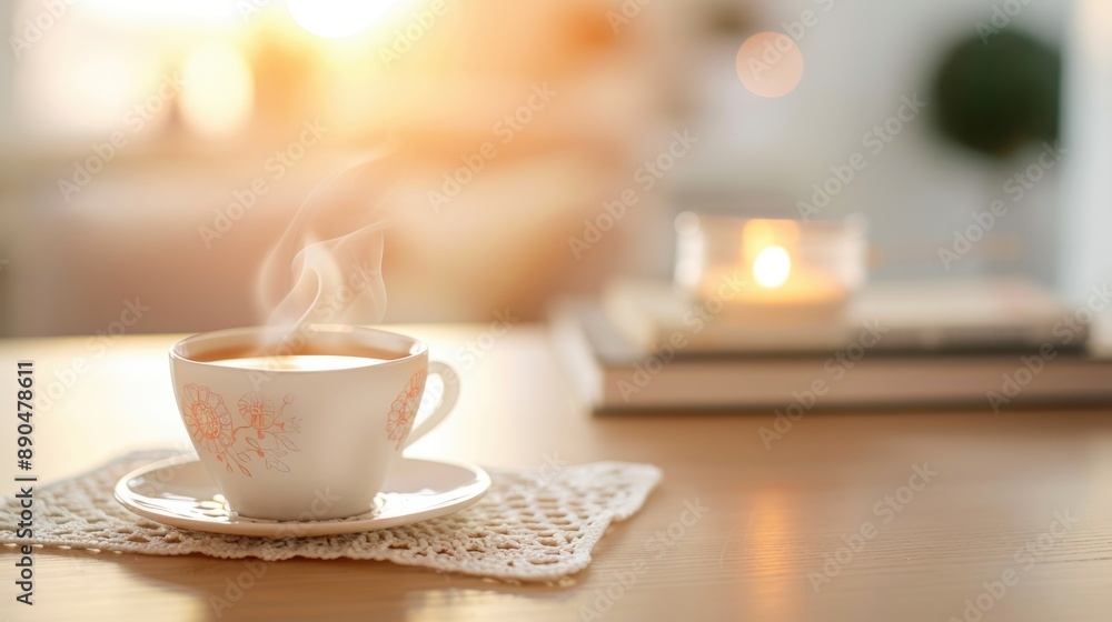 Cozy morning scene with a steaming cup of tea on a table, bathed in warm sunlight, creating a peaceful and relaxing atmosphere. Cozy morning scene with a steaming cup of tea on a table, bathed in warm sunlight, creating a peaceful and relaxing atmosphere.